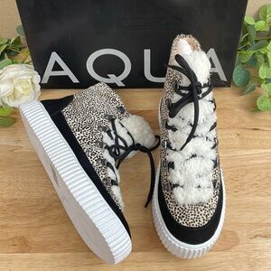 Aqua Faux Fur Animal Print Lace Up Sneakers 6M